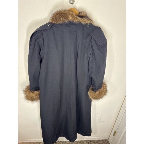 Vintage 80s Women’s L Black Wool Coat Real Fur Collar Cuffs Shoulder Pads - Picture 7 of 9